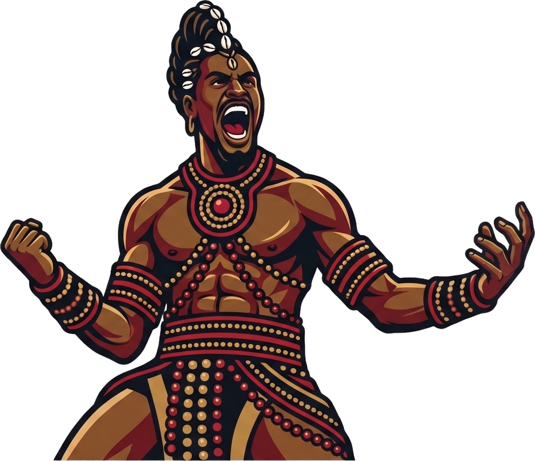 Exú, the path-opener — mascot of Children of Exú, rising from the crossroads